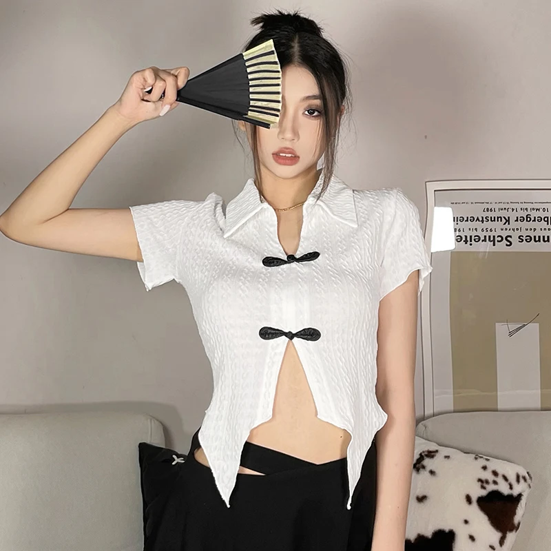 

#Sisjuly# improved new Chinese cute butterfly button irregular swallow tail short sleeve T-shirt women's versatile top