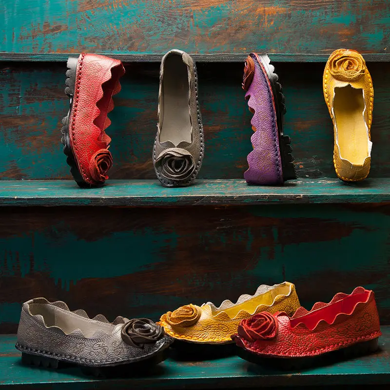Handmade Rose Flats Shoes For Women Vintage Thick Sole Loafer Womens Luxury Brand Cowhide Leather Shoes Female Slip On Moccasins