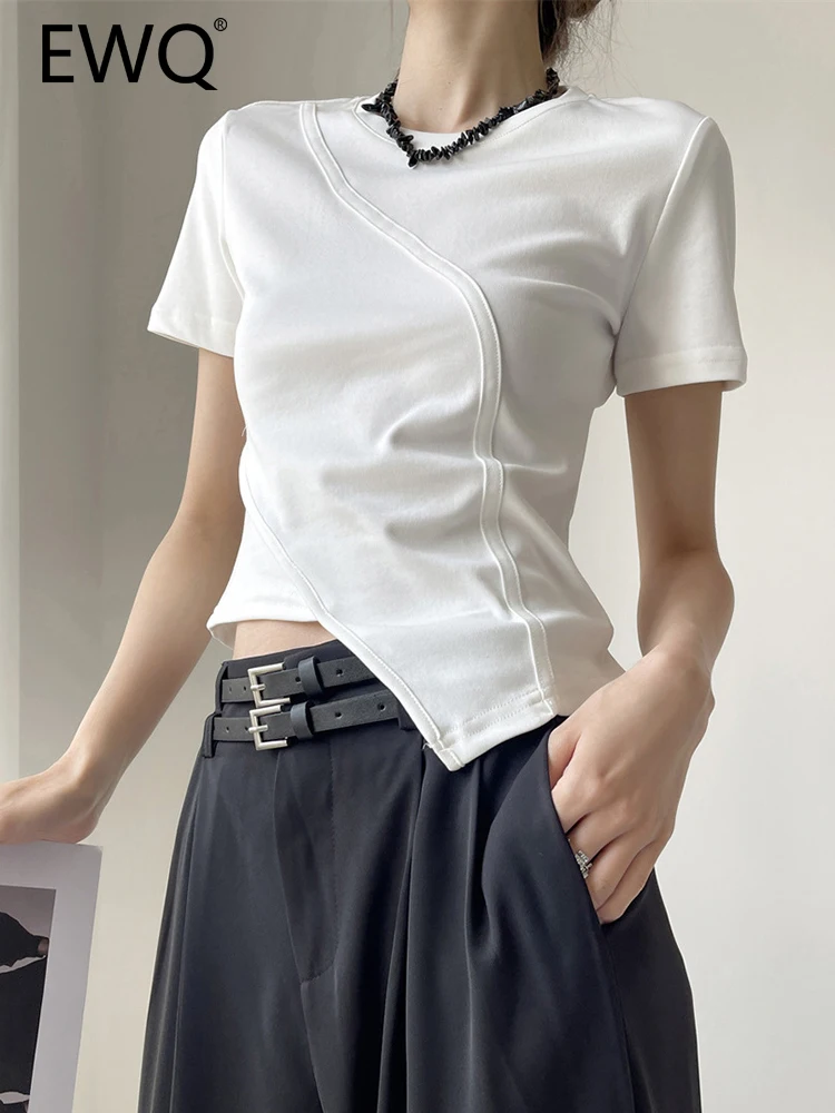 

EWQ Irregular Spliced Slim Short Sleeve T-shirt For Women Round Neck Simplicity Cotton Female Tops 2023 Summer New 26D4173