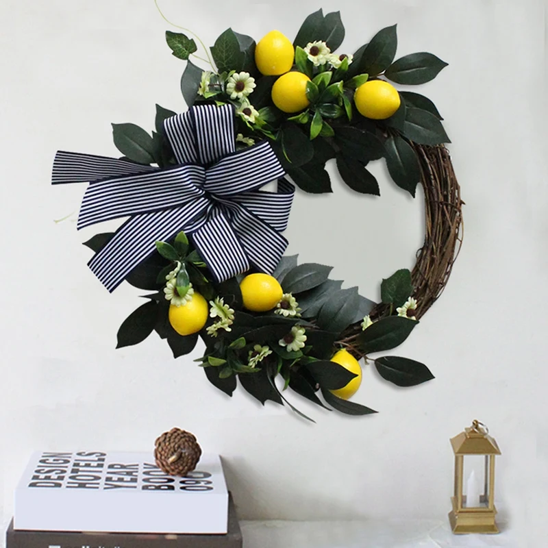 

Artificial Lemon Wreath Home Garland with Lemon Green Leaves & Bow Decorative Farmhouse Wreath for Front Door Wall Decor