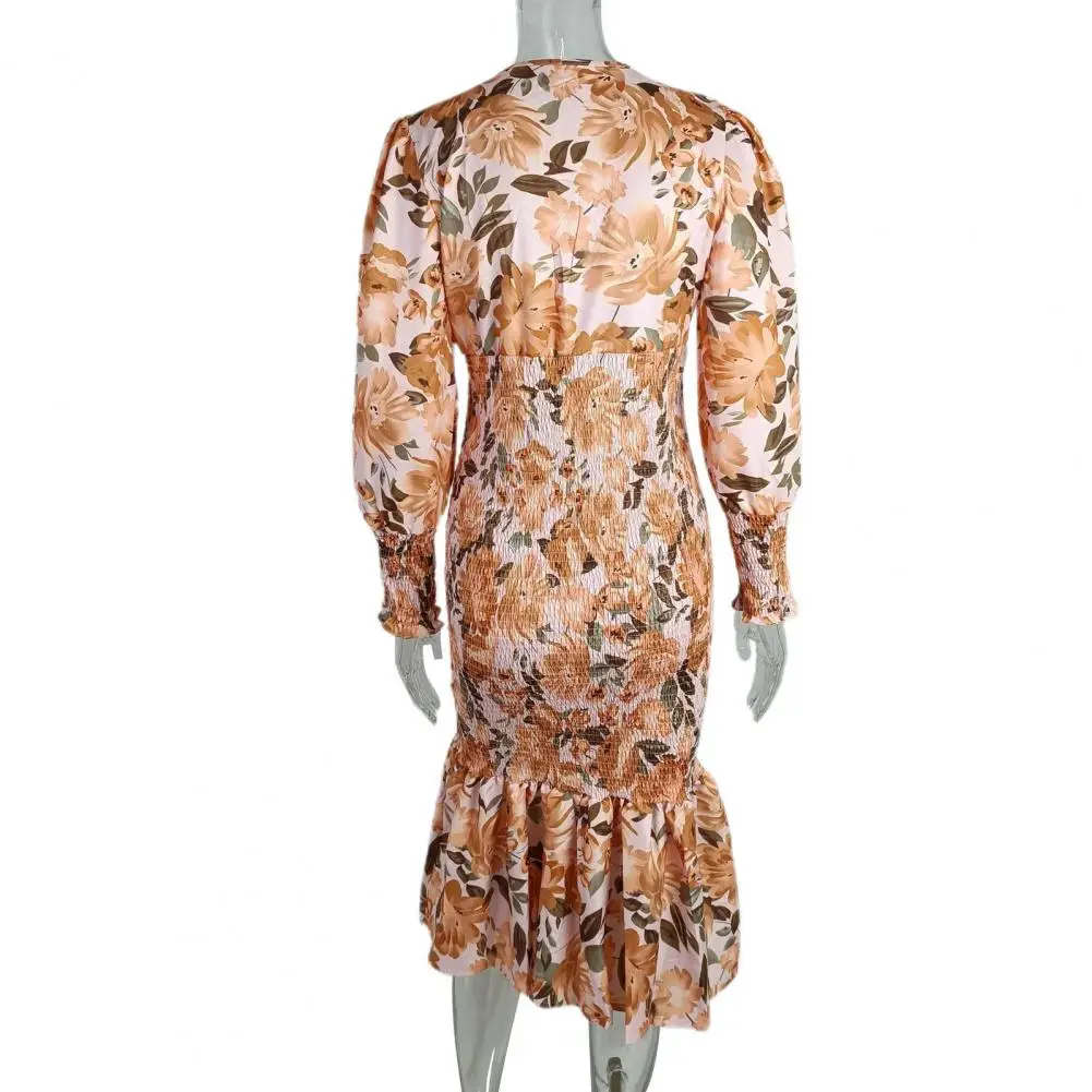 

Женское вечернее платье с цветочным принтом, элегантное платье до середины икры с рукавами-фонариками и глубоким V-образным вырезом, с эластичным поясом и оборками на осень