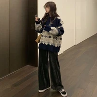 round neck pullover stitching trend knitwear autumn and winter new retro japanese lazy style loose simple sweater