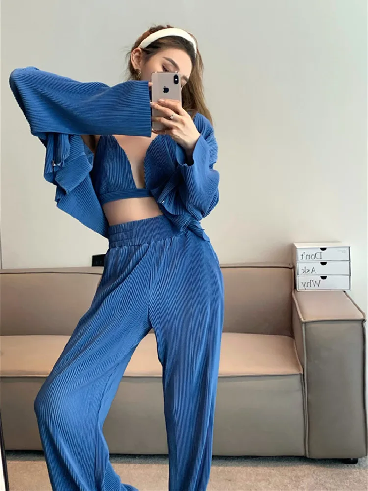 

Korean Fashion Sports 3 Three Piece Set Outfits Slim Long Sleeve Coat and Halter Vest + High Waist Pants Suits Tracksuits Women