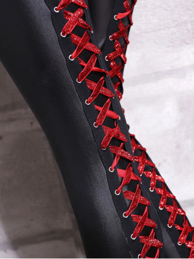 Брюки-карандаш из искусственной кожи сексуальные леггинсы на шнуровке Женская