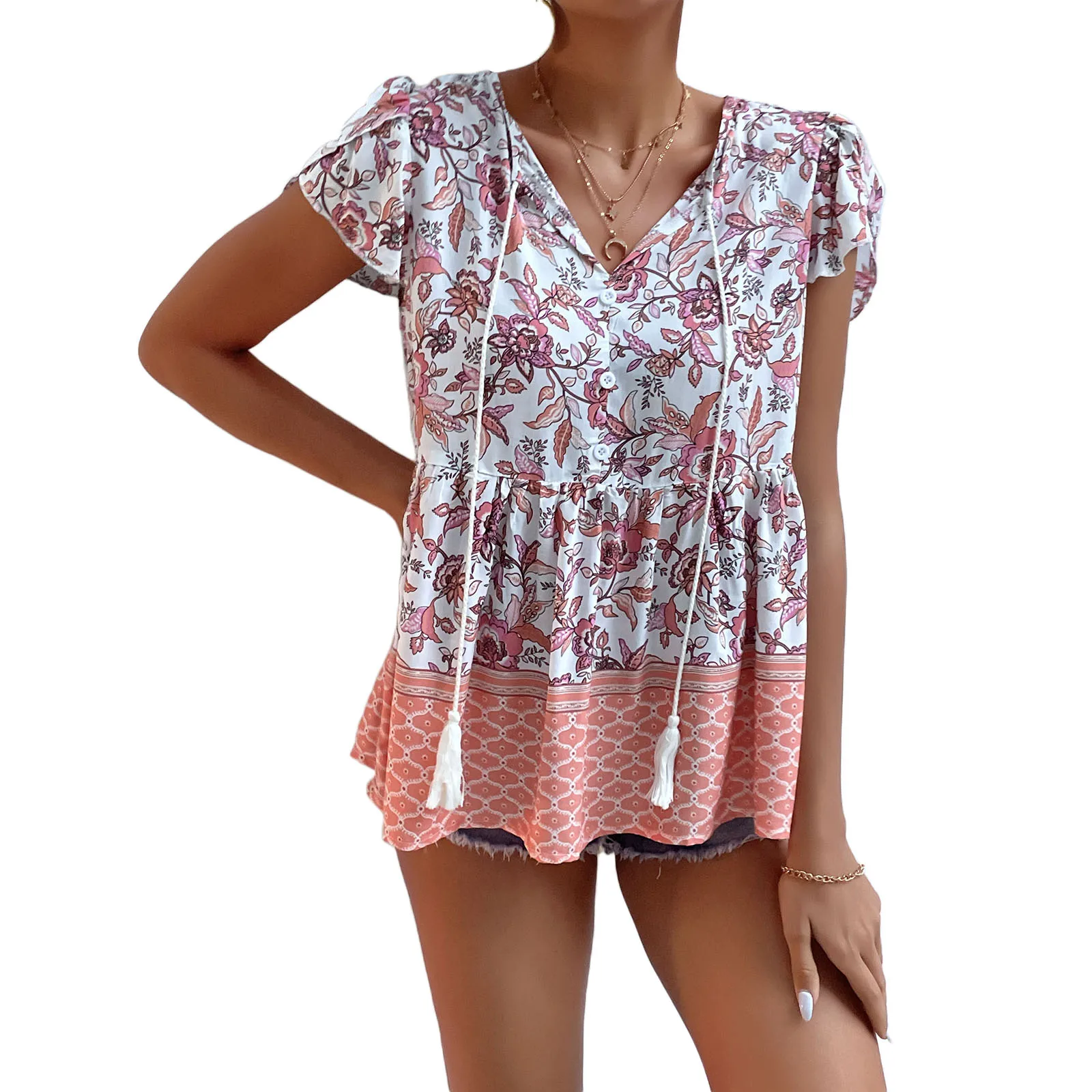 

Women Summer Short Sleeve T-shirts Floral Print Loose Drawstring Ruffle V Neck Pullover Tops Blouse Streetwear