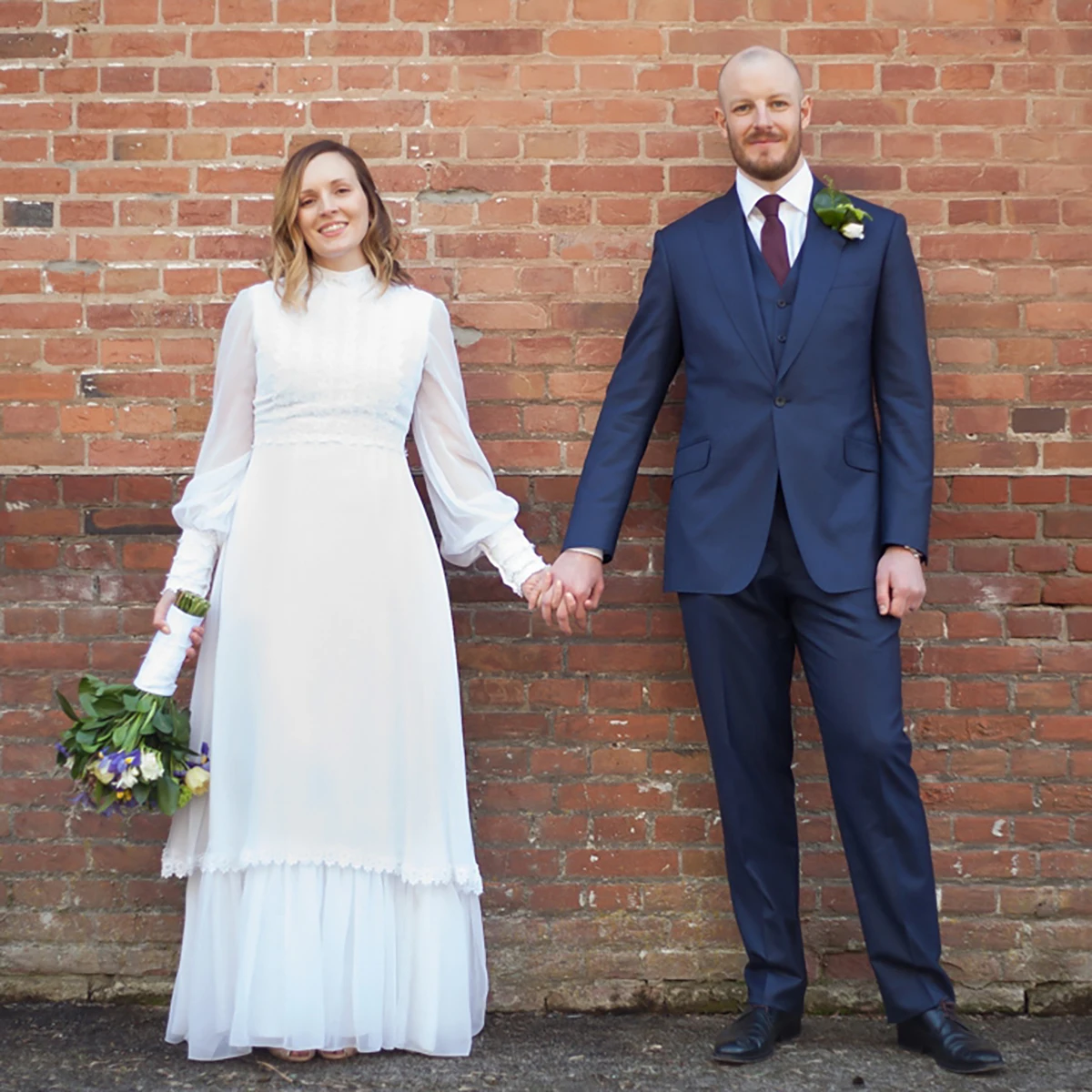 

1970s Vintage Floor Length Satin Wedding Dress Covered Back Zipper Lace Long Bishop Sleeves High Collar Victorian Bridal Gowns