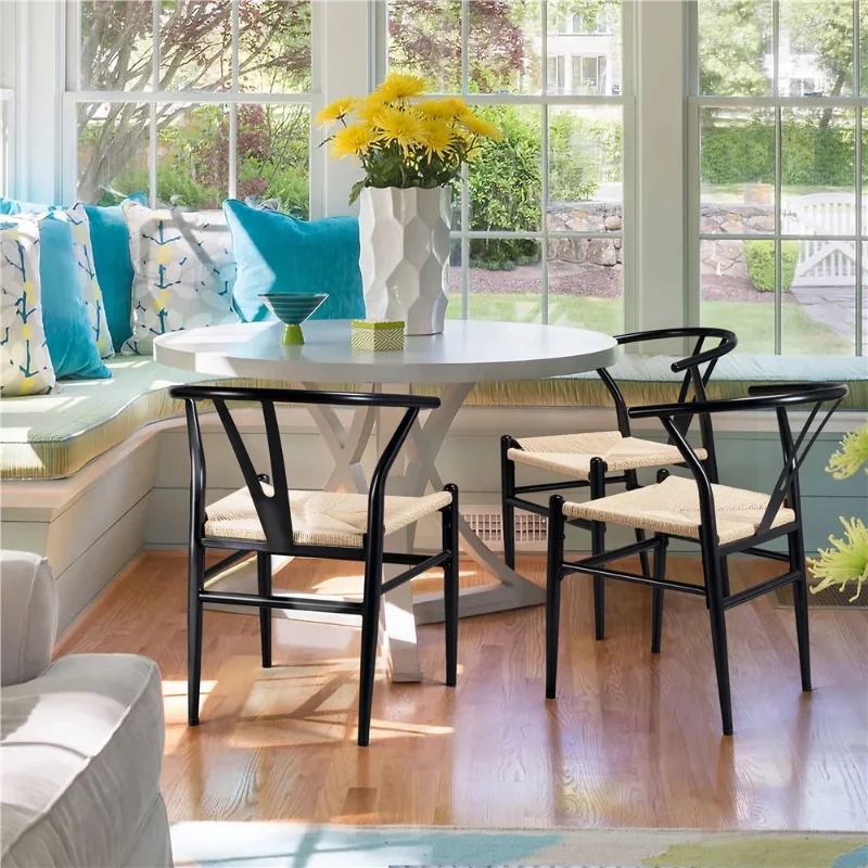 S With Woven Hemp Seat, Set Of 2, Black Dining Chairs  Furni