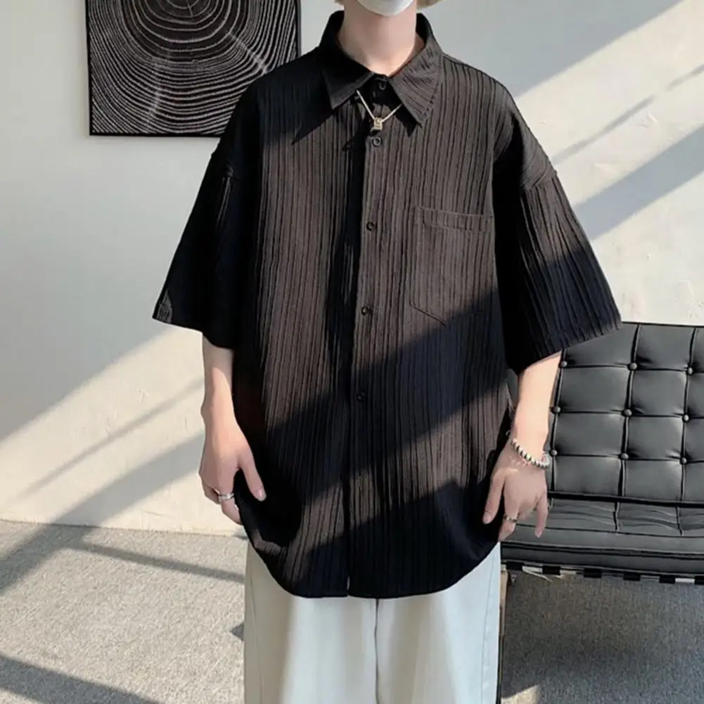 

Solid Color Loose Fit Shirt Stylish Men's Single Breasted Casual Shirt Loose Fit Striped Texture Solid Color for Streetwear