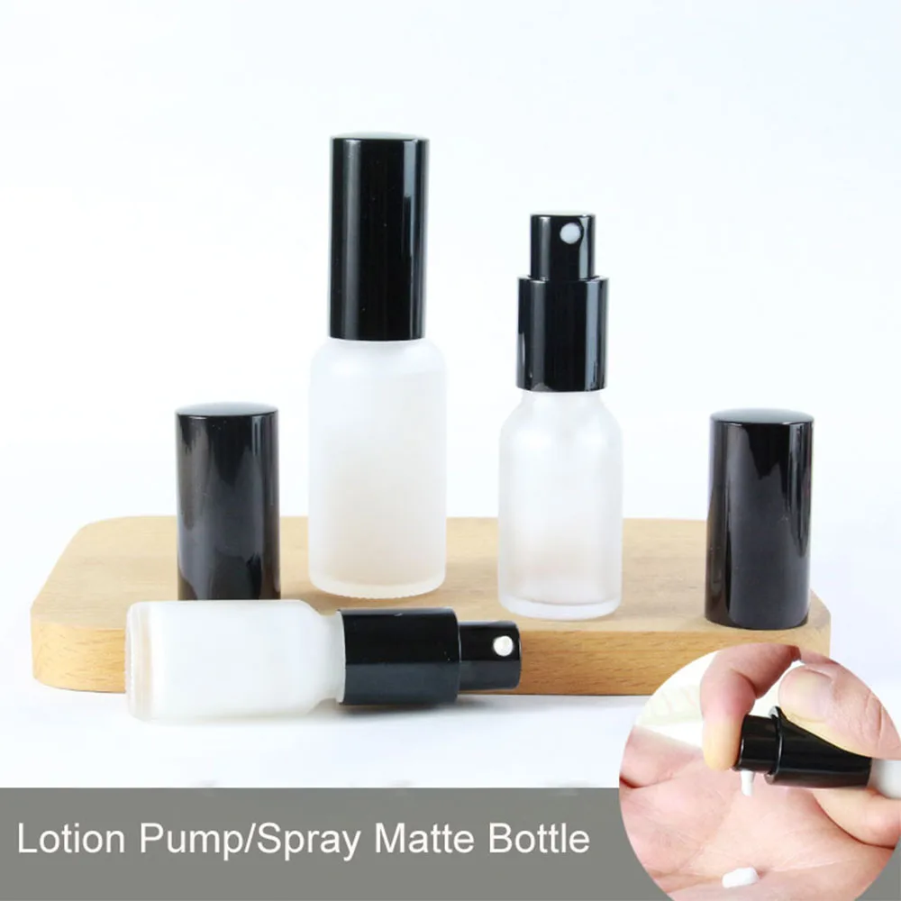 

15PCS 10/15/20/30/50ml Matte Glass Lotion Pump Bottles Vial Cosmetic Serum Packaging Spray Bottle Black Cap