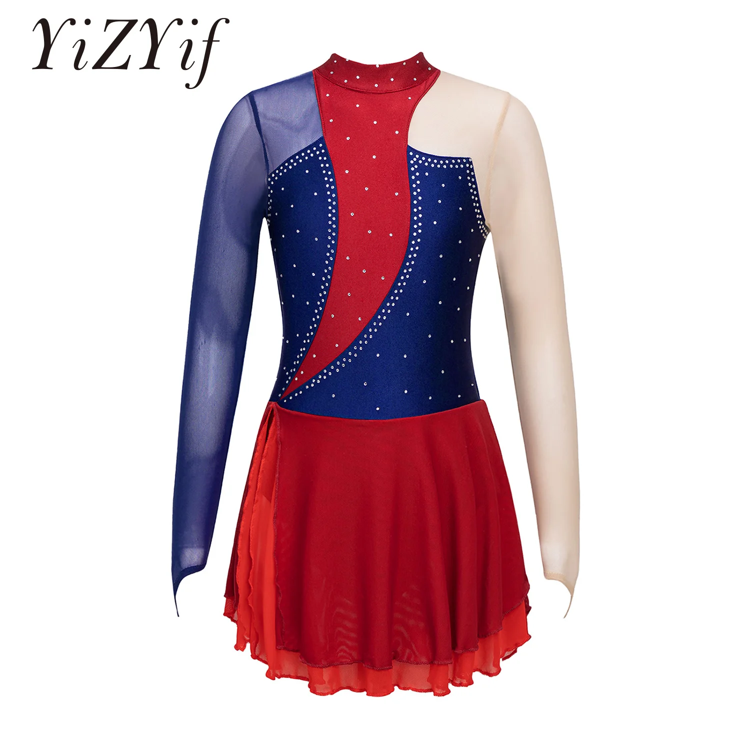 

Kids Girls Figure Skating Dress Long Sleeve Shiny Rhinestone Ballet Modern Dance Dress Gymnastics Leotard Competition Dancewear