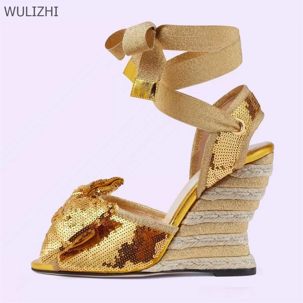 Gold Wedge Lace Butterfly Knot Heels Peep Toe Open Espadarille Patchwork Sandals Lace-Up Fretwork Heels Sequins Slingback Shoes