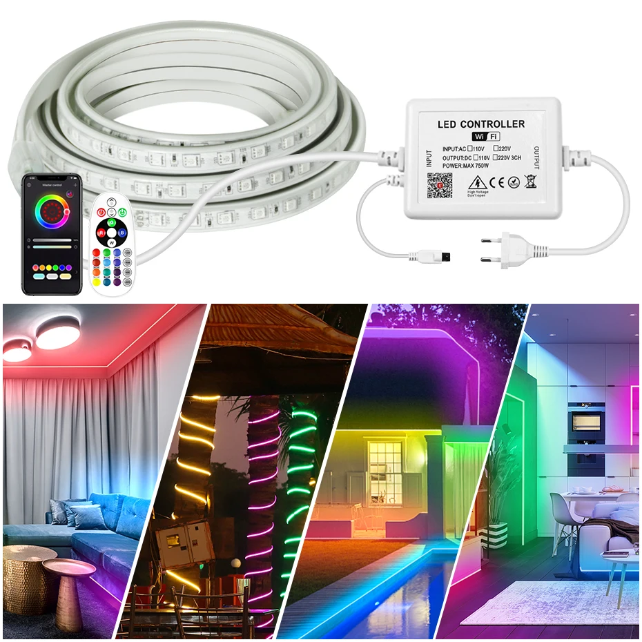 

RGB LED Strip Lights AC 220V IP67 Waterproof Flexible Tape Lamp SMD 5050 Dimmable LED Ribbon Strip with EU Plug Controller