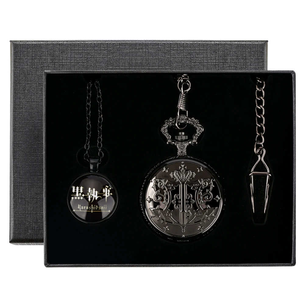 

Antique Kuroshitsuji Men Women Analog Quartz Pocket Watch Necklace Chain Gift Box Sets