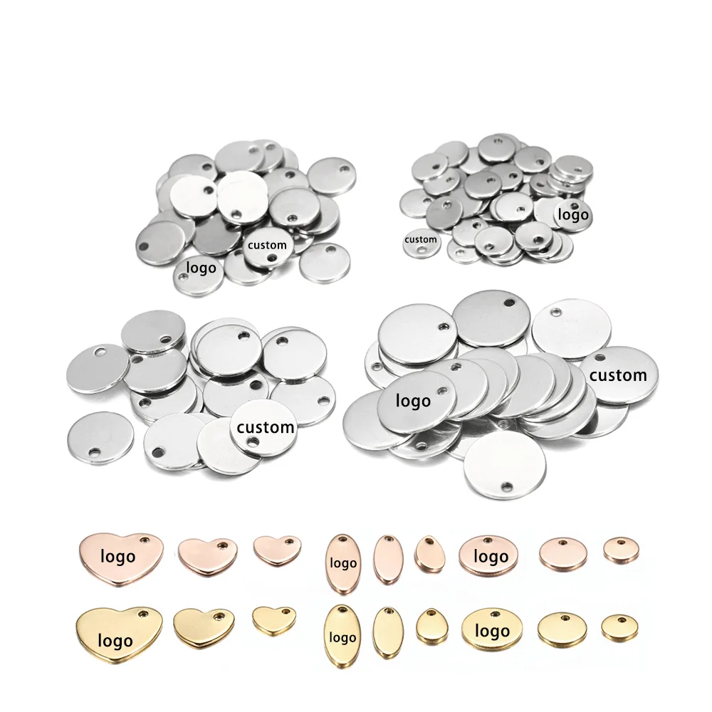 20-50Pcs Stainless Steel Rose Gold Plated Charm Heart-Shaped Water Drop Round Oval Blank Pendant Dog Tag For DIY Jewelry Making