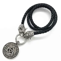 trinity symbol norse runes jewelry pendant wolf heads leather chain viking necklace