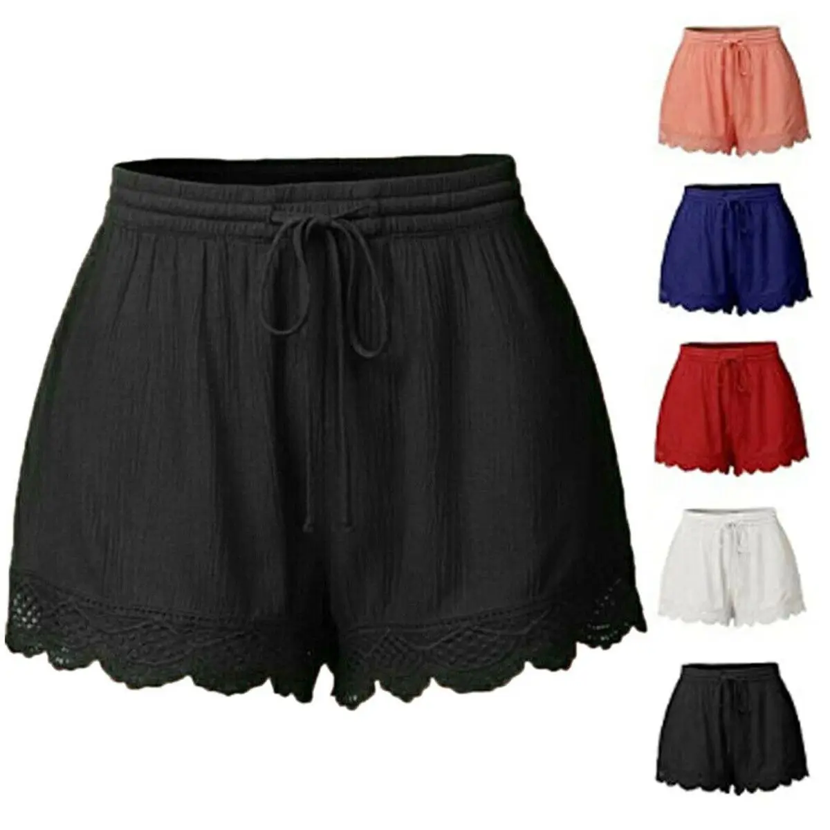 

Womens Drawstring Shorts Ladies Elastic Waist Lace Beach Summer Pants Plus Size