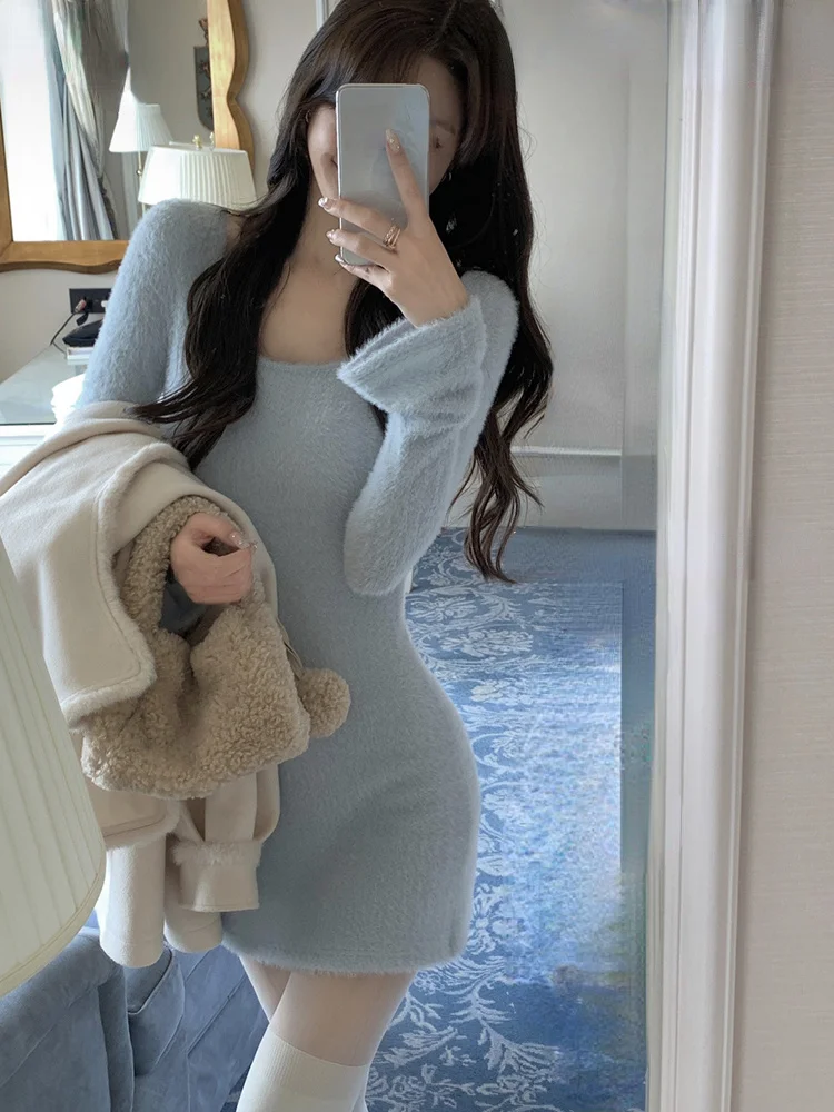 

Knitted Sweater Dress Long Sleeve ini Dress Party Casual Autun Pure Color One Piece Dress Fashion Sli