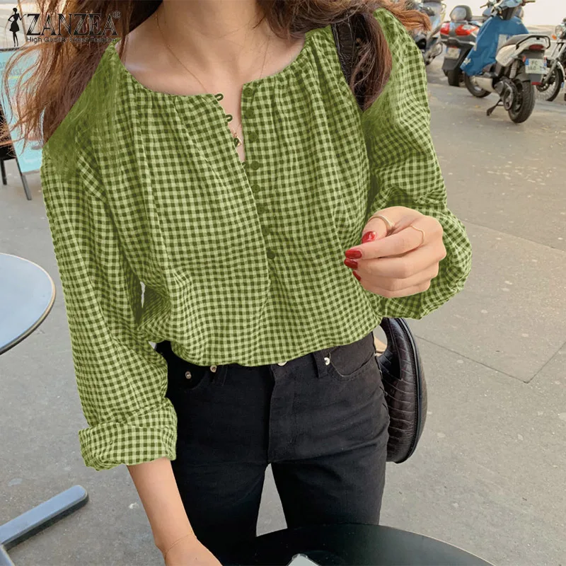 

Свободная элегантная рубашка с принтом, Повседневная клетчатая Модная рубашка 2022 ZANZEA, Женская Весенняя блузка с длинным рукавом и круглым в...