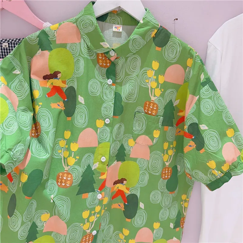 Новинка Свободная рубашка в гонконгском ретро-стиле с мультяшным принтом