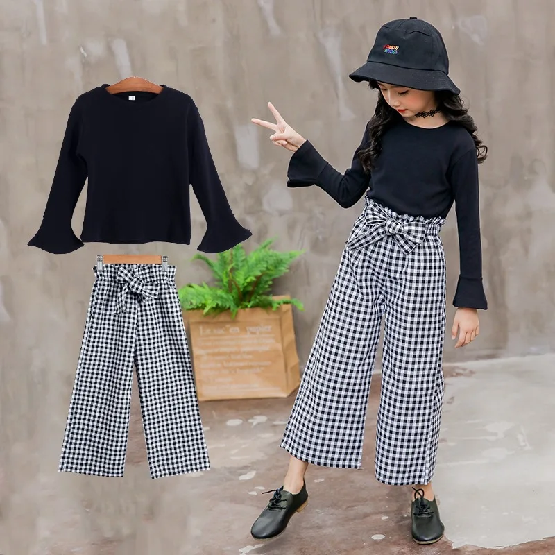 

Girls Suit Spring Autumn Children's Clothing Long-sleeved Casual Top+Plaid Wide Leg Trousers Big Kids Sports Clothes Sets 3-12Y
