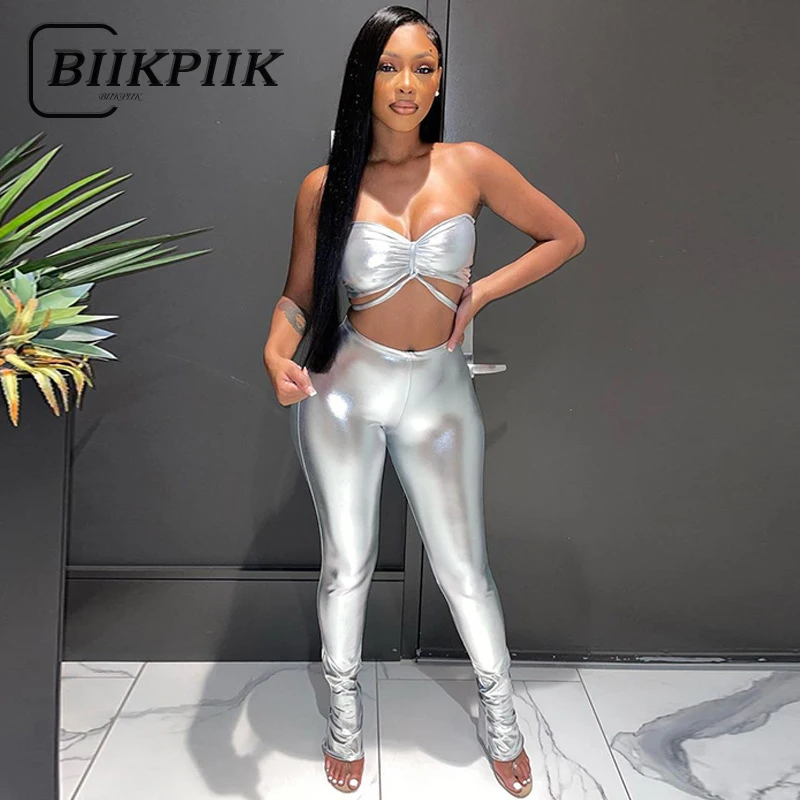 

BIIKPIIK Classic Pu Leather Two Piece Sets Women Backless Sexy Sleeveless Camisole+Sporty High Waist Pants Streetwear Cloth New