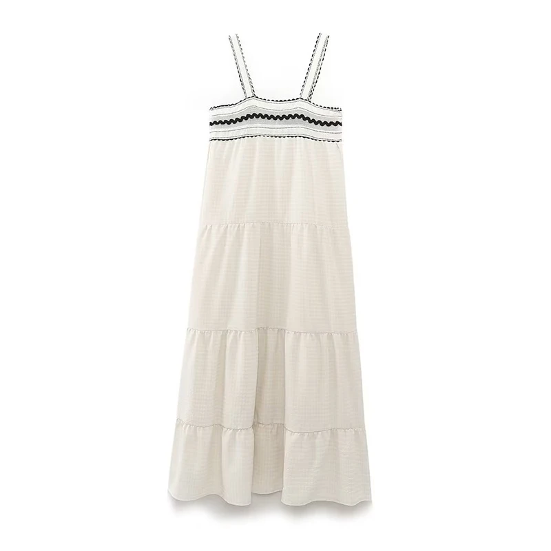 

Summer Women Contrast Lace Sling Long Dress Casual Vestidos