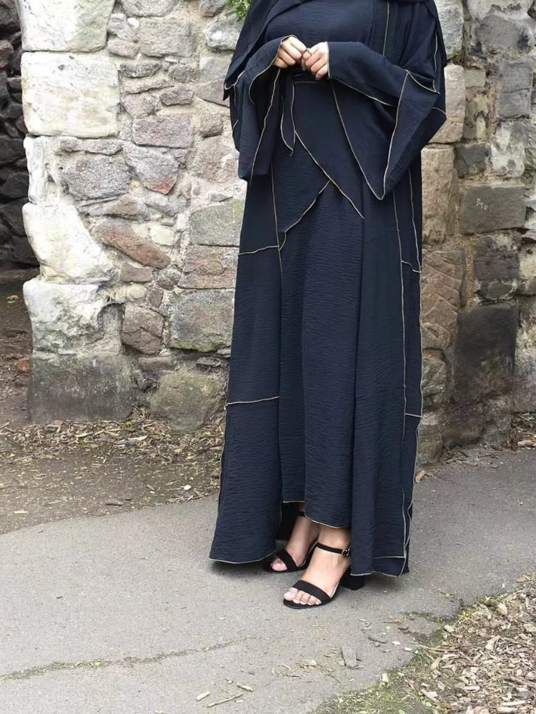 Eid 3 Piece Matching Muslim Sets Crinkle Abayas for Women Dubai Hijab Dress Open Abaya Kimono Wrap Front Maxi Skirt Islam Outfit