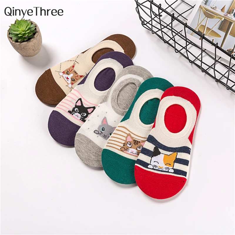 

Girls Cartoon Cute Short Socks Harajuku Lovely Hipster Funny Cat Stripes Dot Geometry Invisible Sokken Kawaii love kitten