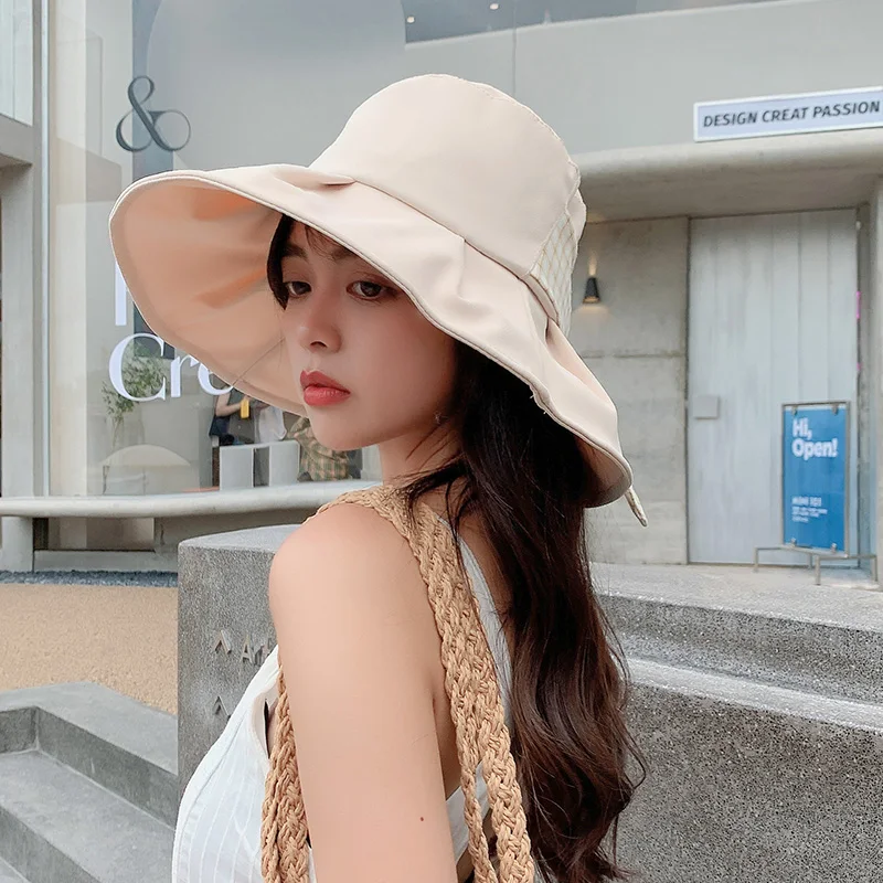 Fashion Summer Spring Bucket Hat for Women Korean Anti-UV Big Brim Fisherman Cap Foldable Sunscreen Cotton Outdoor Beach Sun Hat