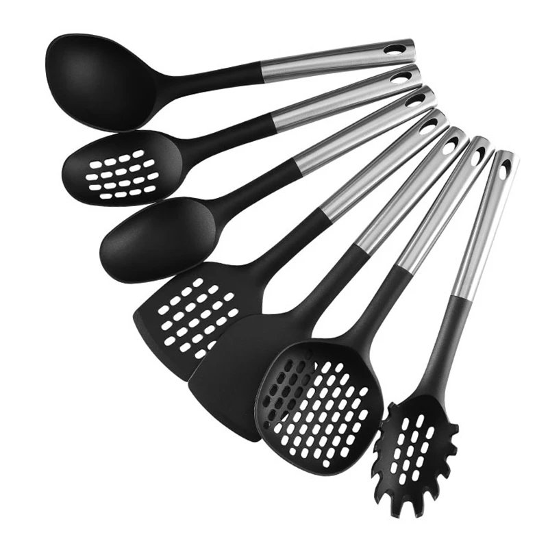 

7PC Stainless Steel Handle Nylon Kitchenware Black Anti-Scald Spatula Soup Spoon Colander Dense Spoons Household Cooking Tools