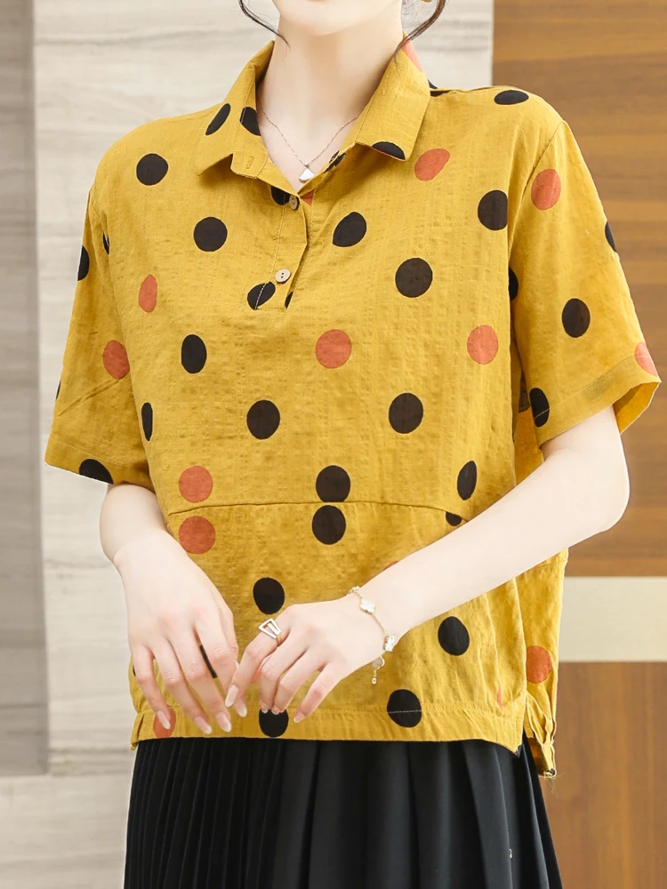 

Блузка женская с коротким рукавом, элегантная Свободная рубашка с отложным воротником, топ из хлопка и льна с принтом для мам, весна-лето 2022
