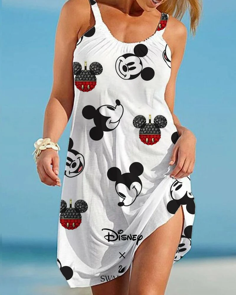 

Summer Disney Minnie Woman Sexy Beach Dress 3D Tie Dye Rainbow Sling Retro Loose Beachwear Fashion Party Dress