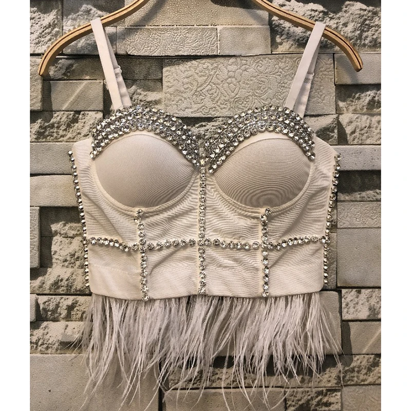 

Atoshare Women Sexy Feather Rhinestone Top Black White Bustier Corset Crop Top Party Bodices Club Clothing