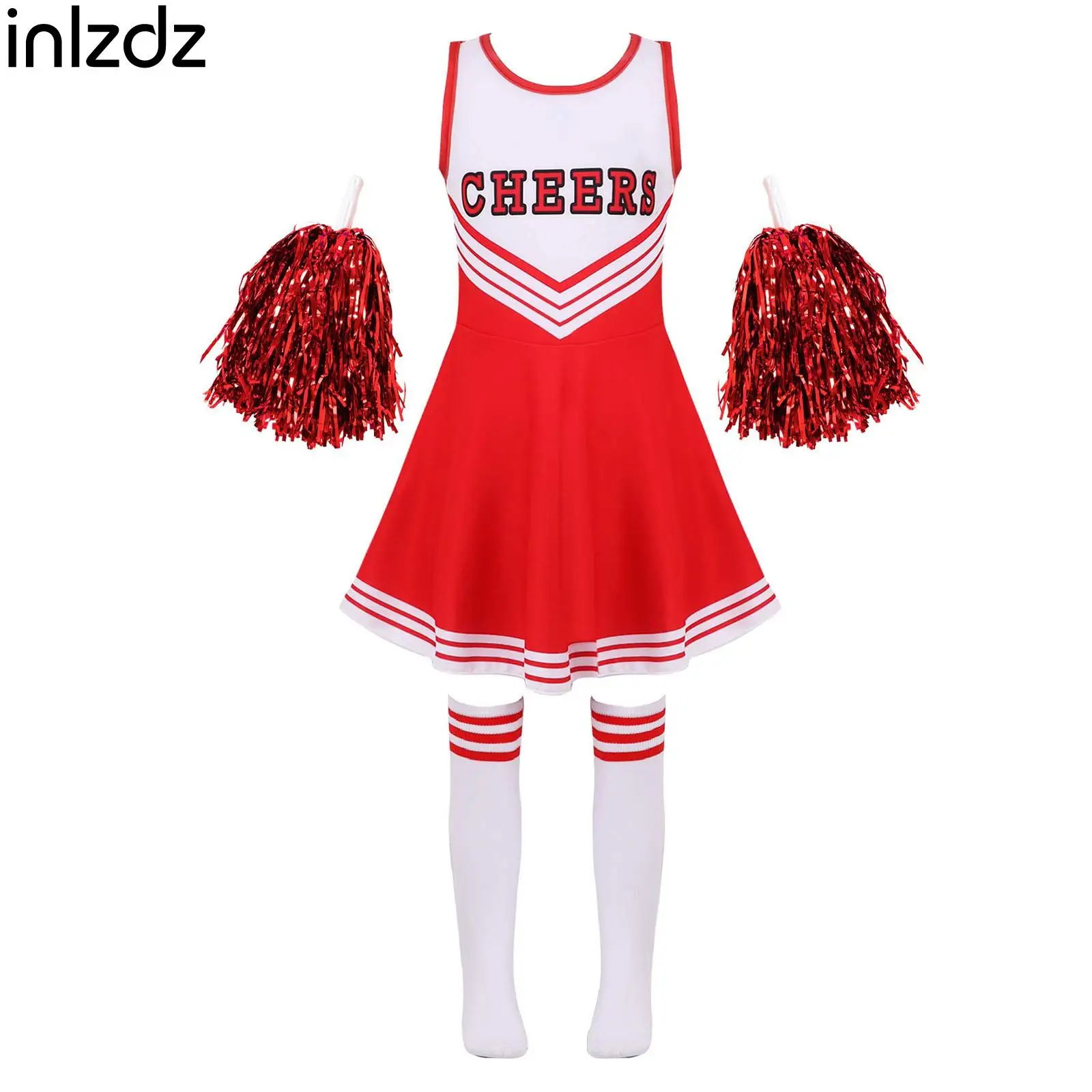 

Kids Girls Sleeveless Round Neck Letter Printed Patchwork Style Cheerleading Dance Dress and 1Pair of Socks Cheerleading Flowers