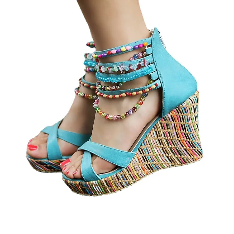 

New Wedge Heel Women Fashion Wave Style Hand Beaded Plus Size Sandals Women Shoes platform sandals open toe shoes