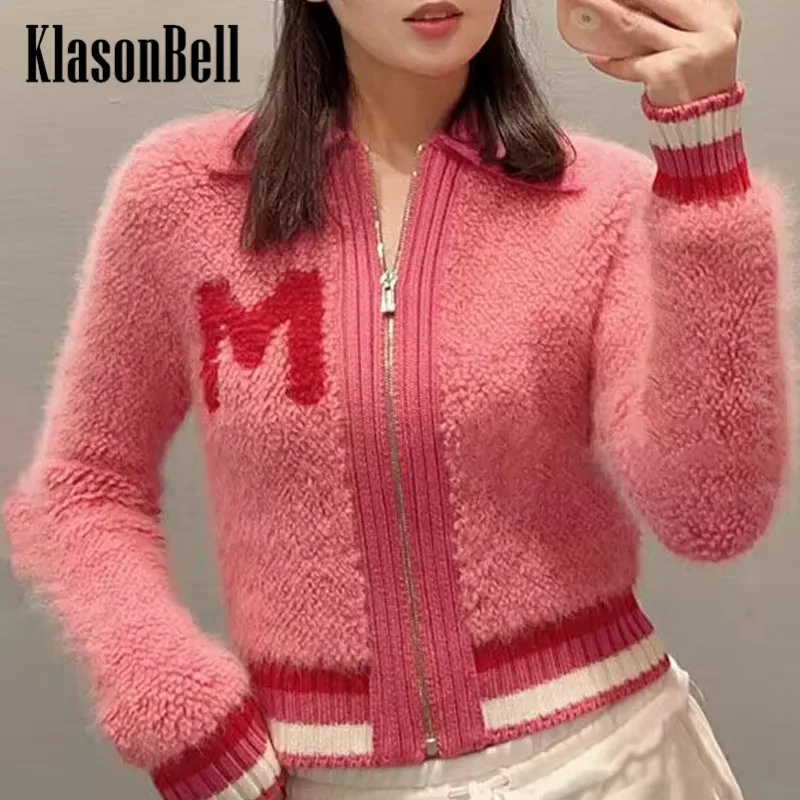 

12.21 KlasonBell Contrast Color Zipper Sweater Coat Women Letter Lapel Wool Knit Cardigan Women