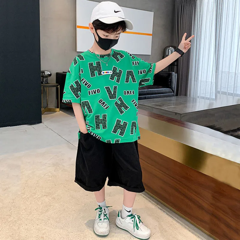 

2022 Summer Boys Clothing Sets Teenage Kids Boys Suit For 4 6 8 10 11 12 14 Years Children Short Sleeve Cotton Shirt Shorts Set