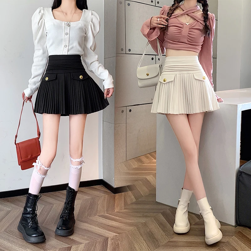 Трапециевидные черные шерстяные плиссированные юбки женские облегающие дикие