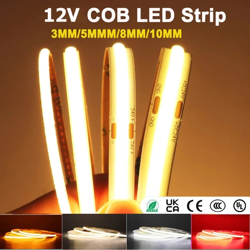 

FOB COB LED Strip Light Bar 12V 24V 5/8/10mm 320 480 528 LEDs High Density Dimmable Flexible Linear LED Tape RA90 16.4FT 32.8FT