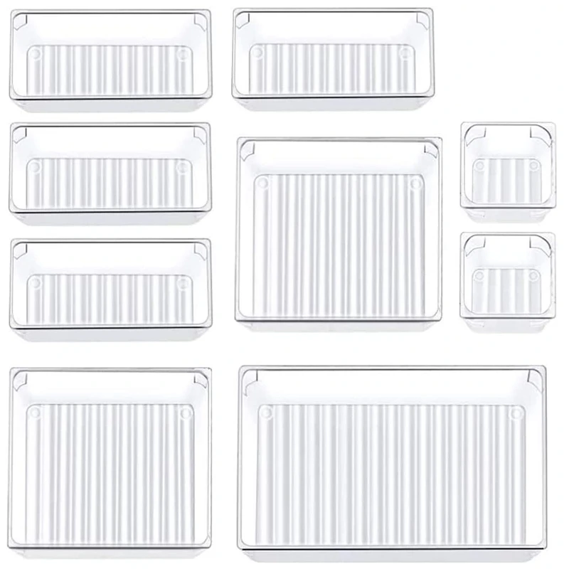 

9 Pcs Clear Drawer Organizer Trays Assorted 4-Size Drawer Dividers, Versatile Storage Boxes Makeup Organiser Set