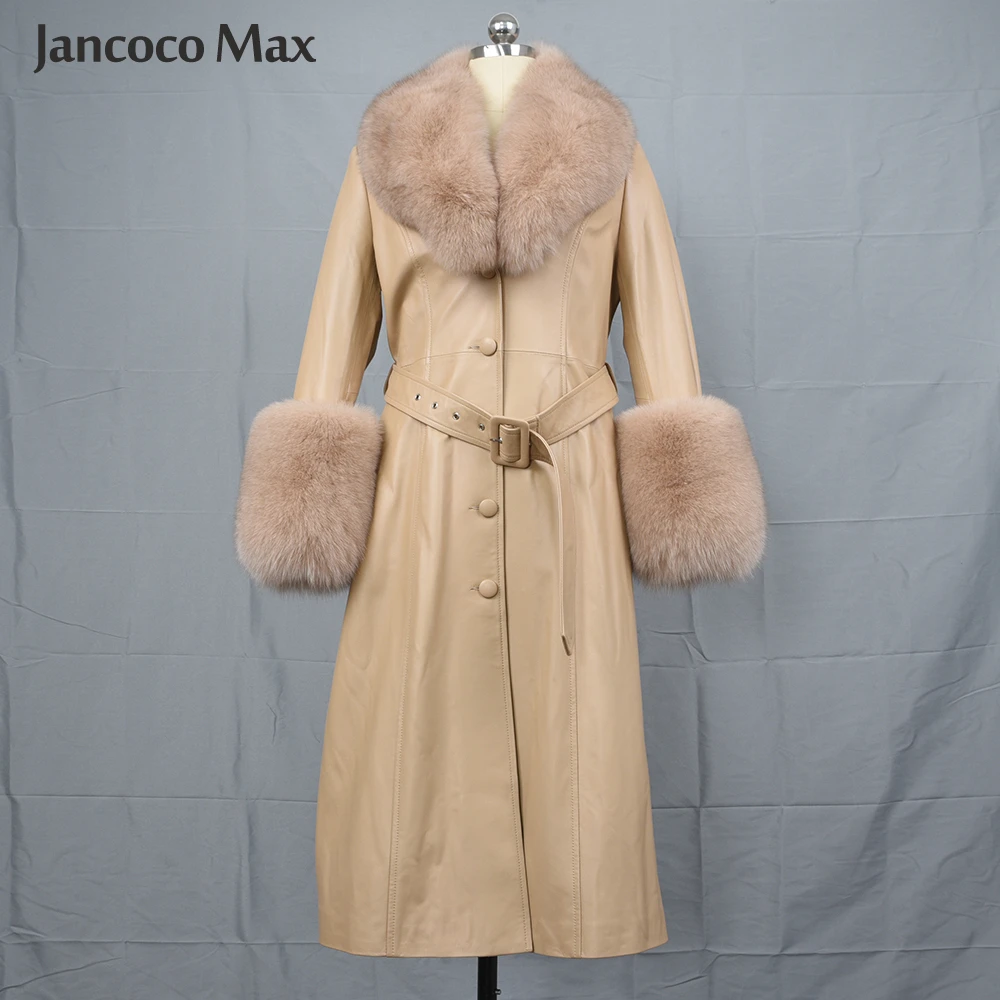 New Arrivals Women's Fashion Long Leather Coats Ladies Winter Windbreaker Outerwear Real Fox Fur Collar Jacket S7930 enlarge