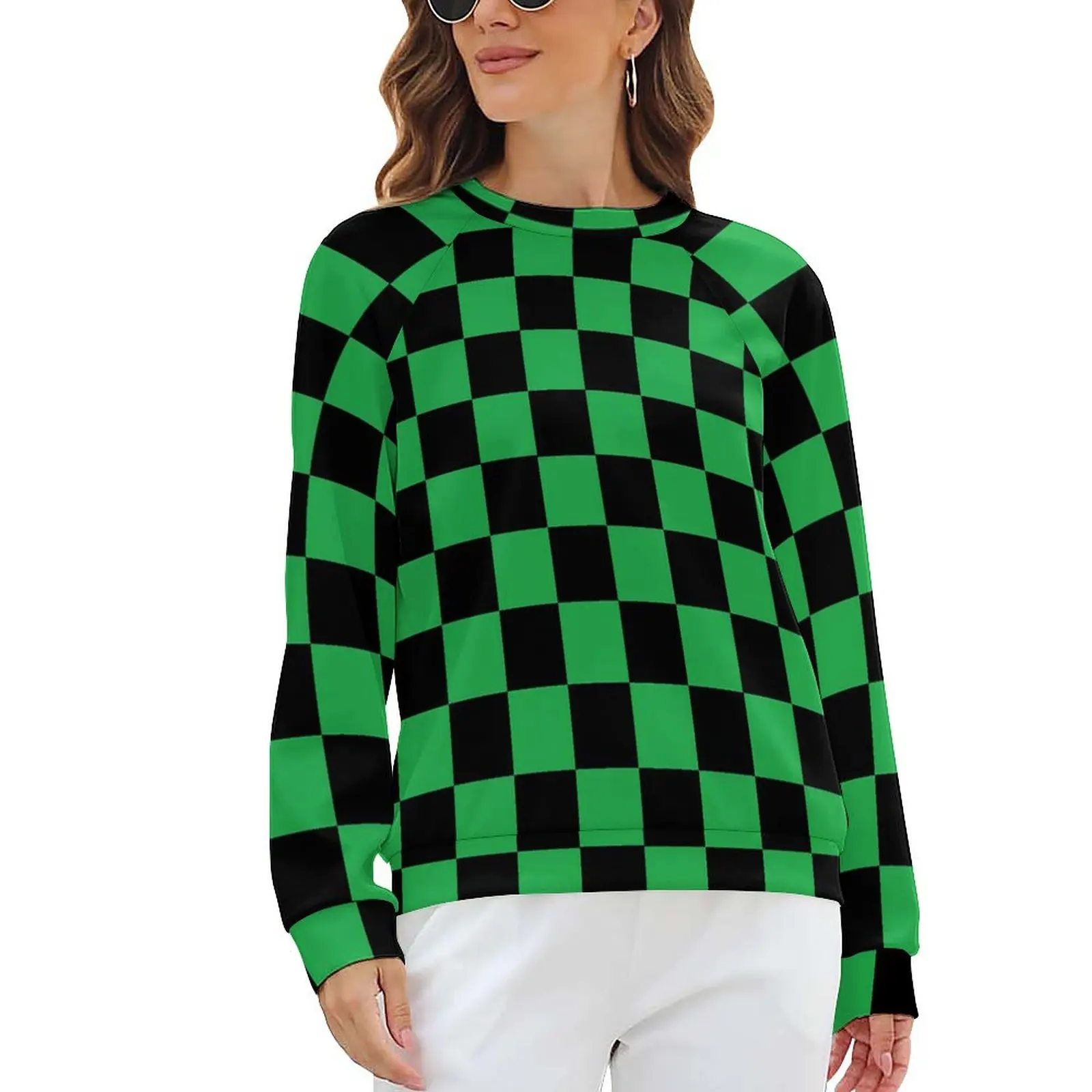 

Зеленые и черные толстовки в стиле ретро с квадратными узорами, Женская смешная Повседневная Толстовка с длинным рукавом и принтом шахматной доски, популярные классические толстовки большого размера