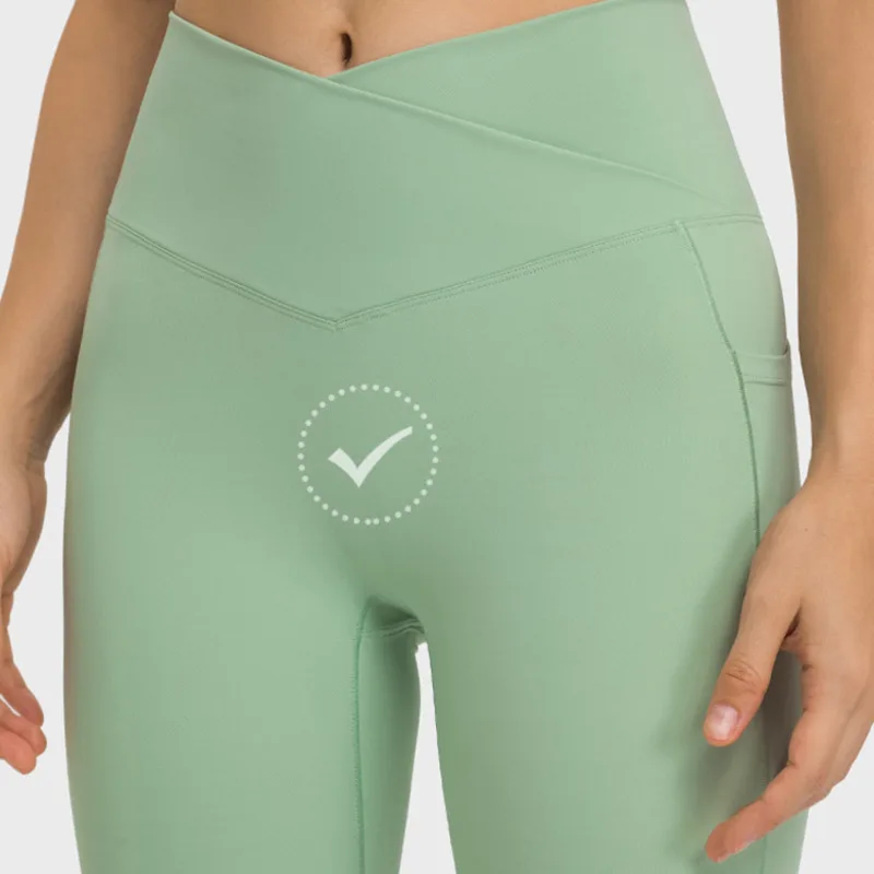 MYS Yoga Pants with 2 Side Pocket High Waist Cross Sports Leggings GYM Elastic Naked Feel NO Front Seam Workout Fitness Tights