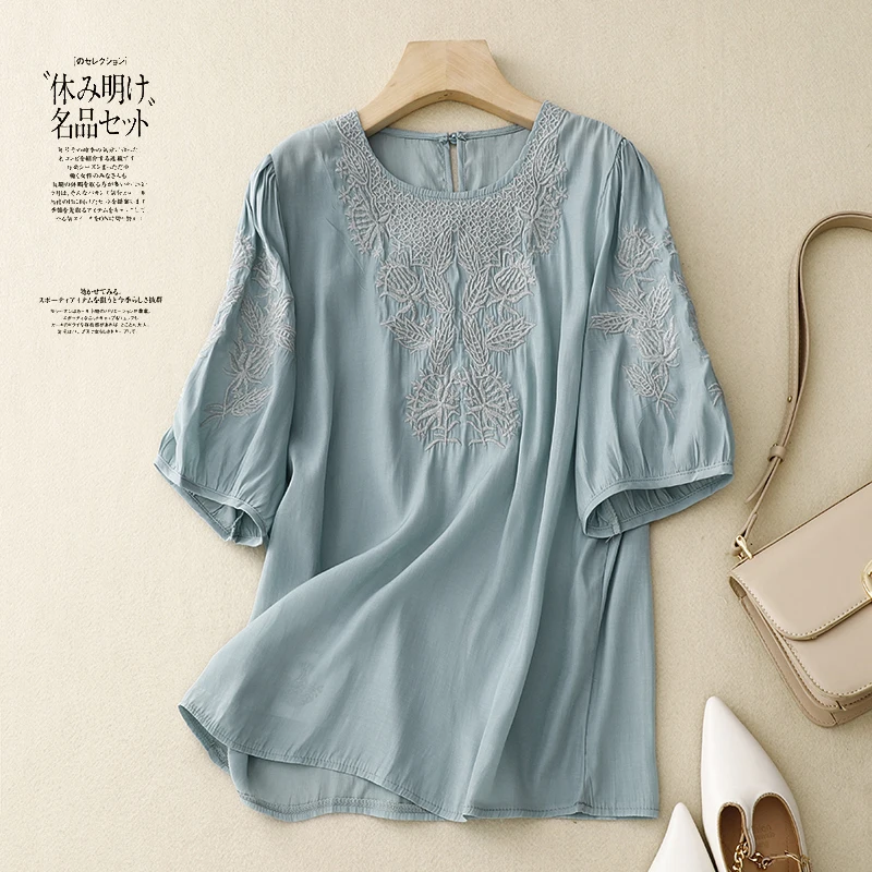 

Футболка женская с вышивкой, Повседневная Свободная рубашка из хлопка и льна, с коротким рукавом, с круглым вырезом, топ для отдыха, большие размеры, на лето