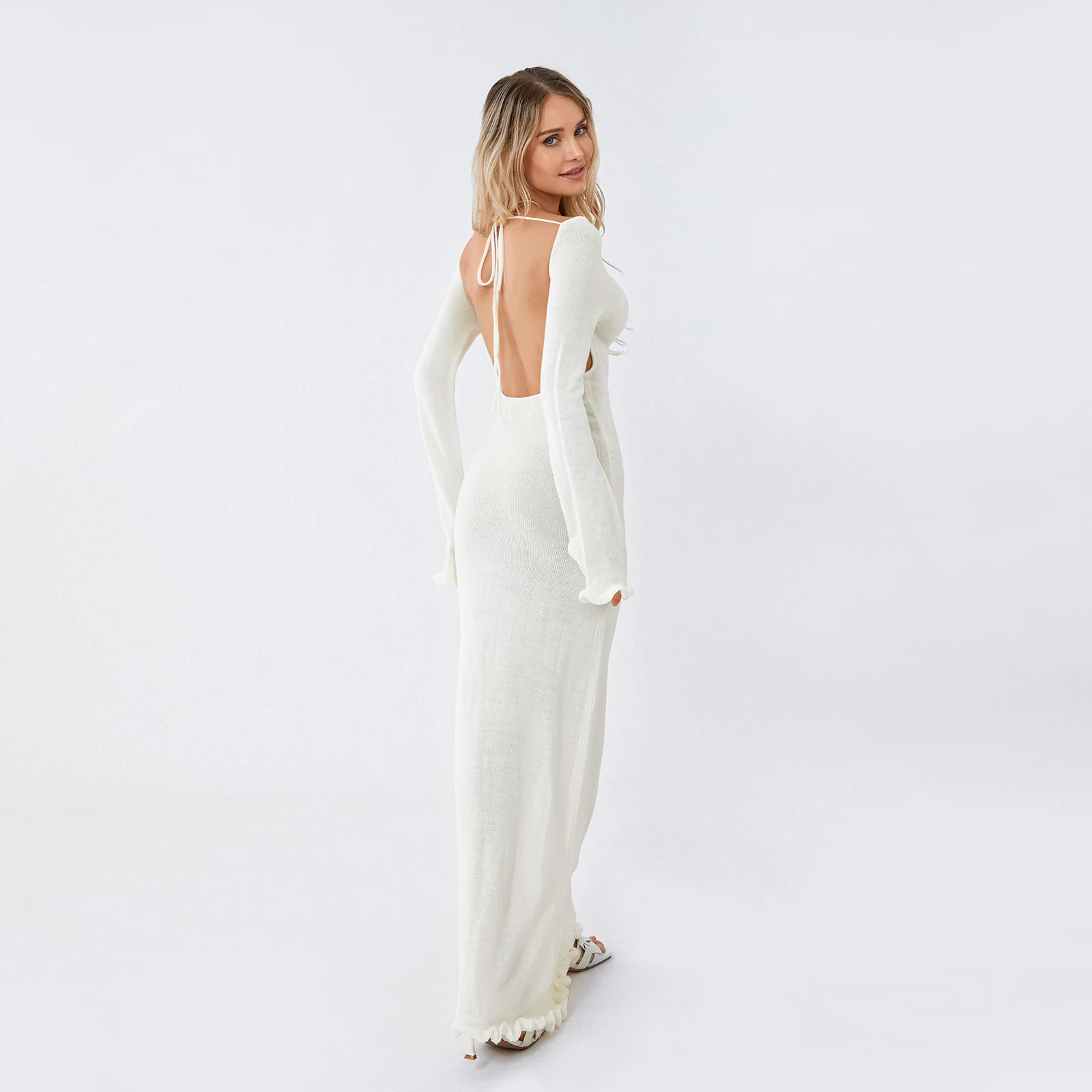 Douhoow женское трикотажное облегающее длинное платье с открытой спиной однотонное