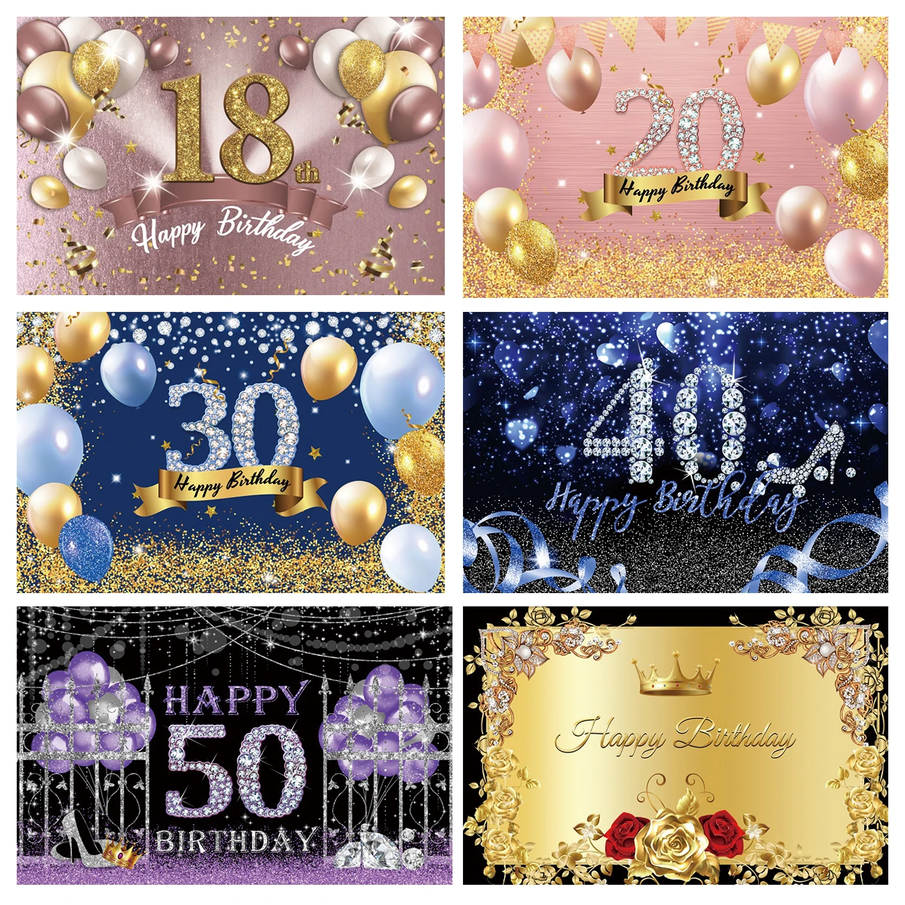 

Customized Happy 30 40 50th 60th Birthday Party Vinyl Backdrop For Photography Rose Golden Glitters Dots Balloons Background