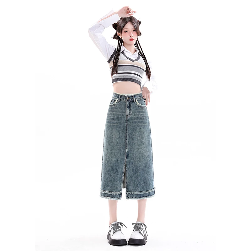 Real time shoot of denim skirt for women in summer retro blue commuting versatile fashion high waistband buttocks a short skirt