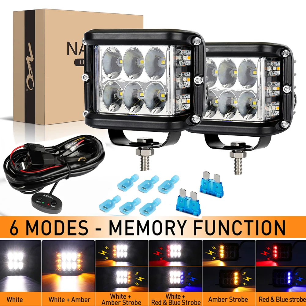

NAOEVO 4inch Work Light Side Shooter 60W White & Amber Strobe for Emergency Off Road Fog Driving HeadlightsTruck LED Light Bar