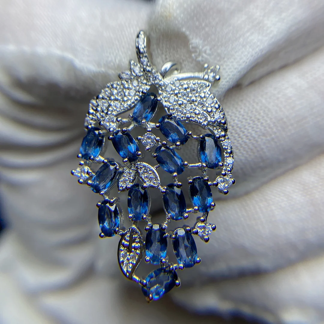 

1Pcs/Lot Natural Topaz London Blue Pendant Necklace Accessories 925 Silver Inlaid Leaves Woman Jewelry Bijou Fantaisie Femme