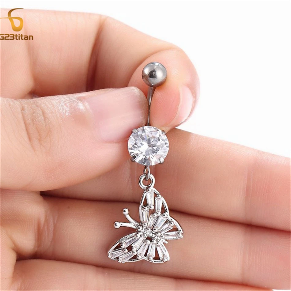 

Fashion Buttery Belly Button Rings 14G Hypoallergenic Titanium Piercing Barbell Silver Color Dangle Zircon Charms Navel Earring